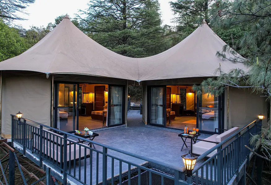 Twin-peaked tent suite with a private deck at Everest Base Camp, Mussoorie