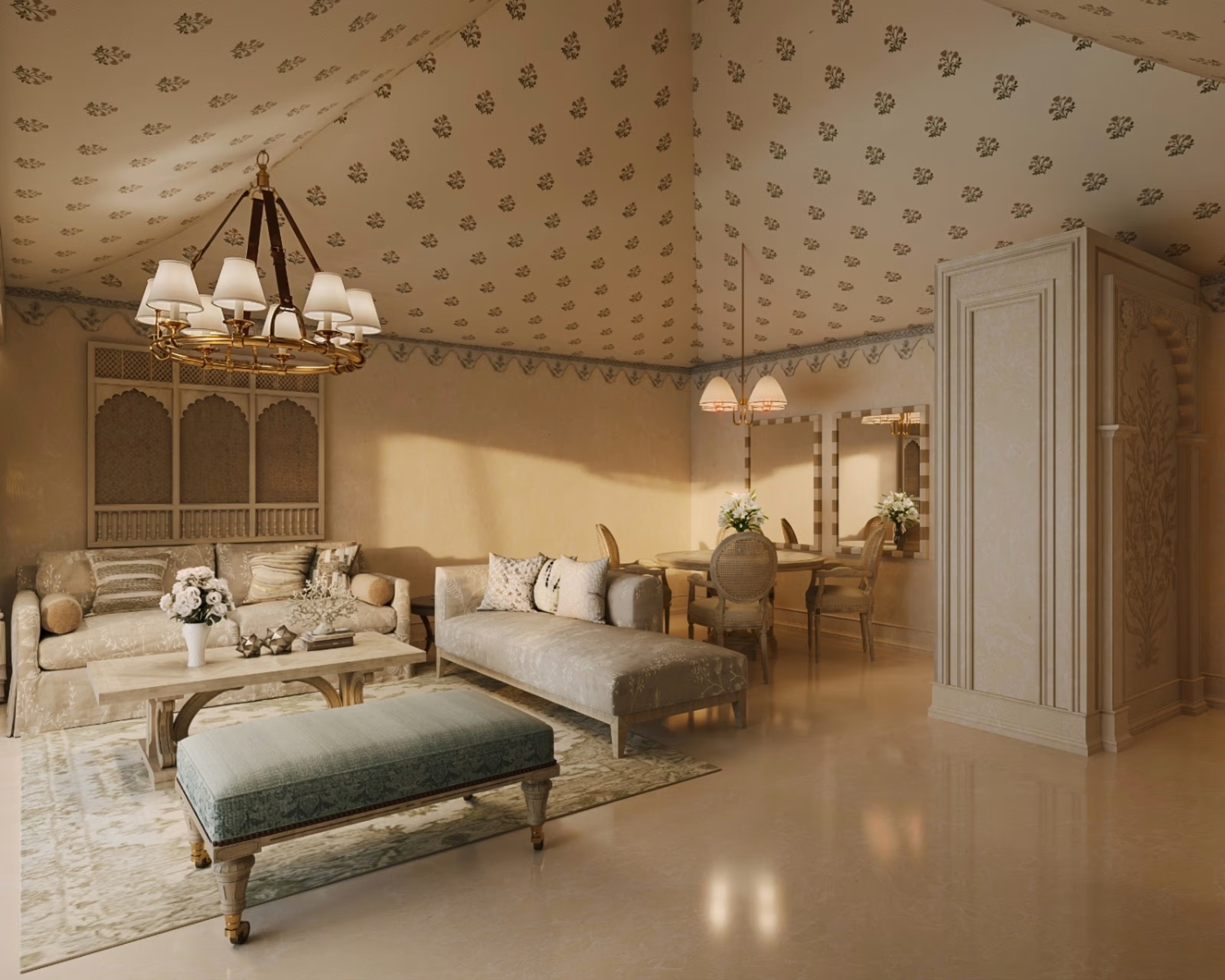 Living and dining area beneath a patterned tent ceiling at Taj Aravali Resort and Spa, Udaipur