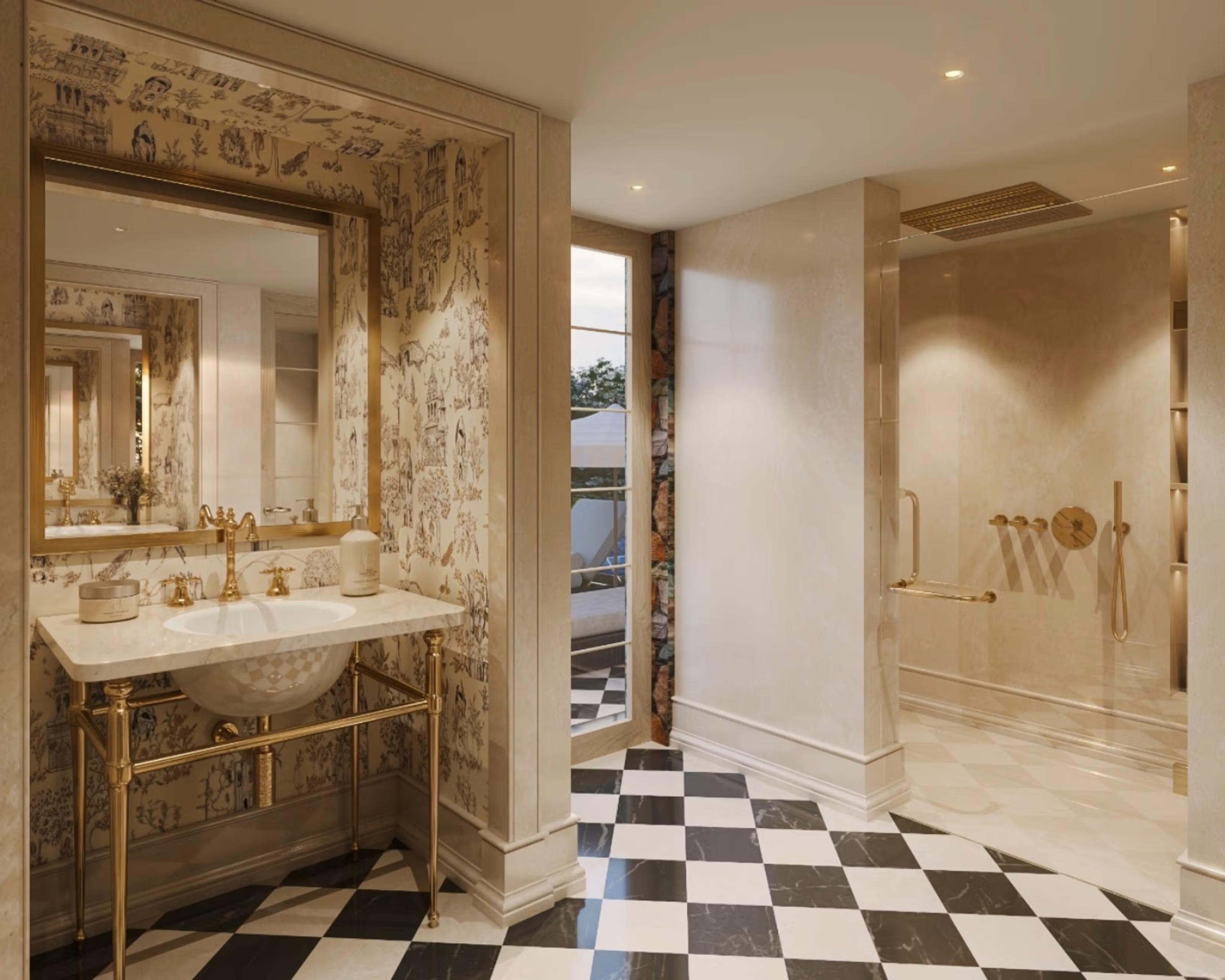 Bathroom with decorative walls, gold fittings and a glass shower at Taj Aravali Resort and Spa, Udaipur