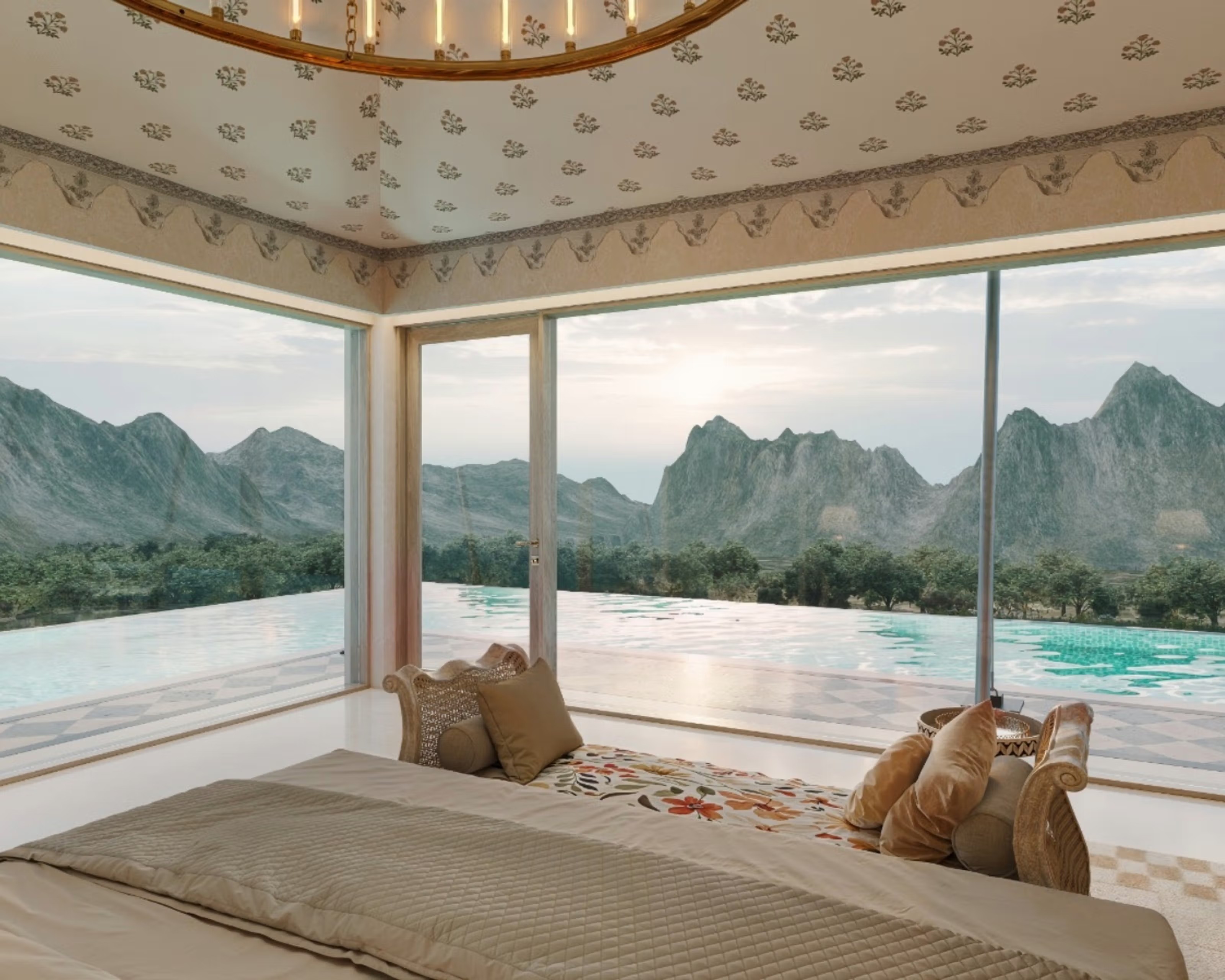 Tented suite bedroom overlooking a pool and the Aravali Hills at Taj Aravali Resort and Spa, Udaipur