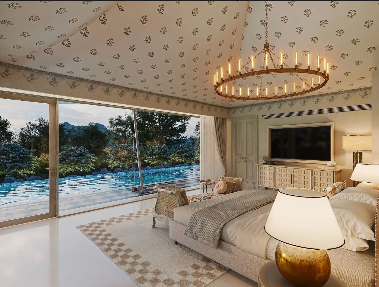 Tented suite interior with patterned canopy lining at Taj Aravali Resort and Spa, Udaipur
