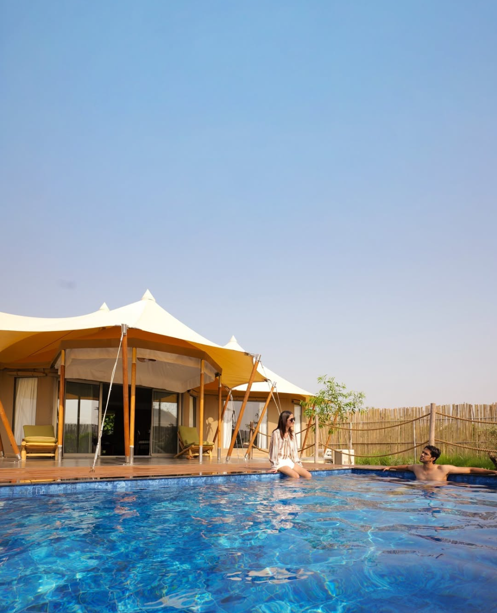 Poolside view of The Opal+ ultra luxury premium tent at Untamed Paws, Tipeshwar